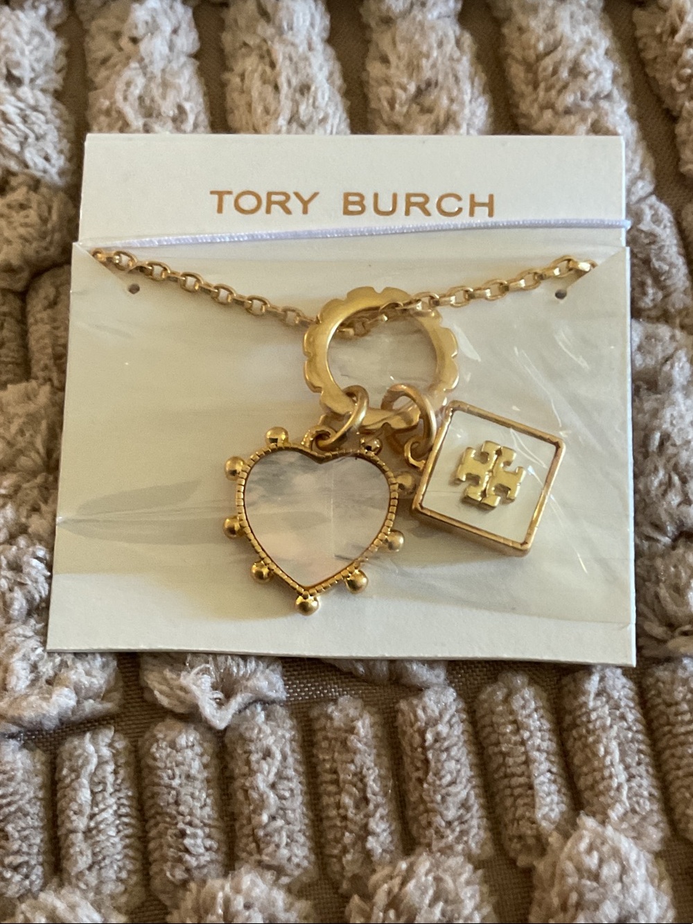 Tory Burch Gold Heart and Logo Charm Necklace with White Inlay
